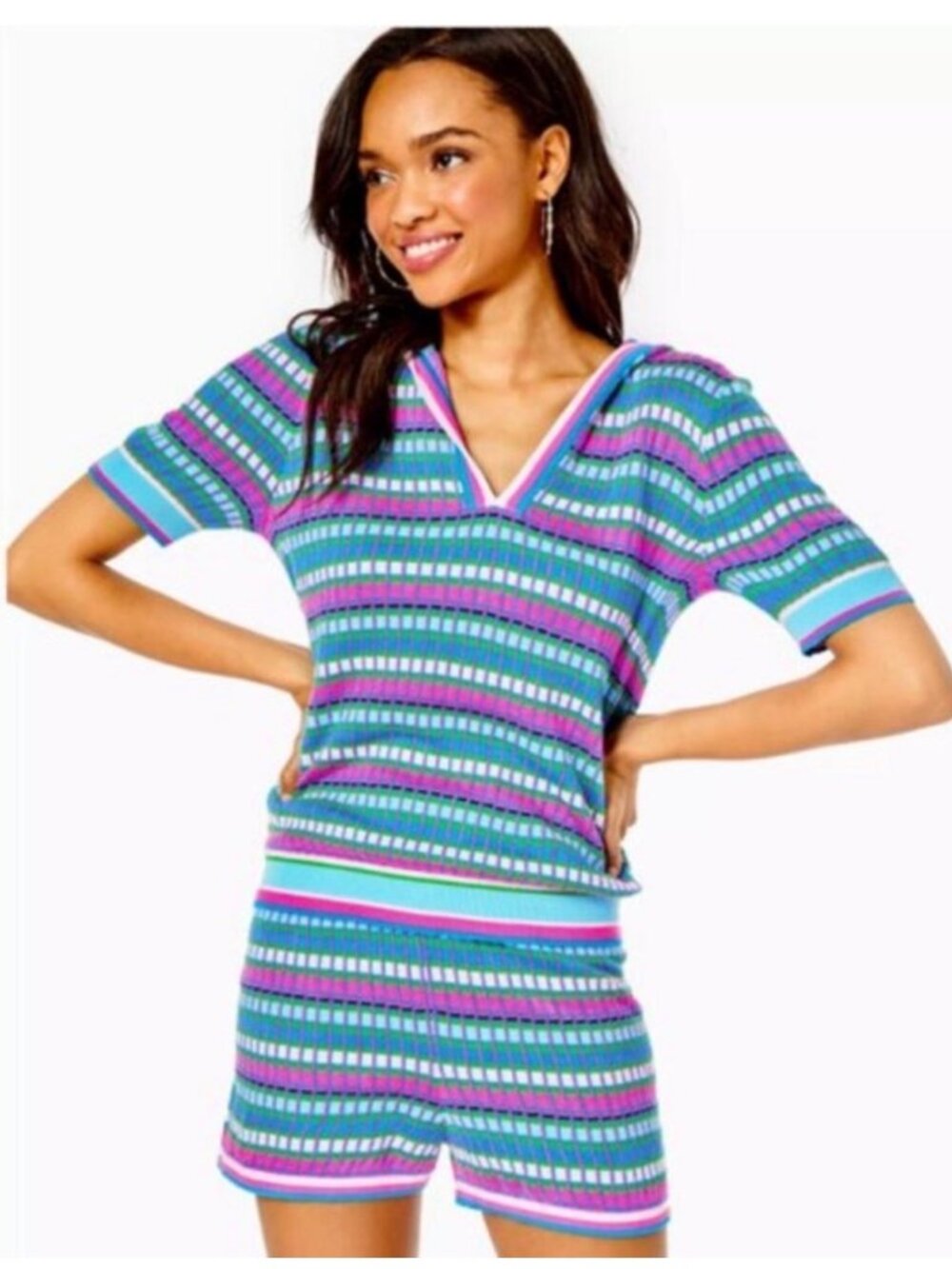NWT Lilly Pulitzer Set Avington Sweater Hoodie & Shorts Turquoise Shore size M